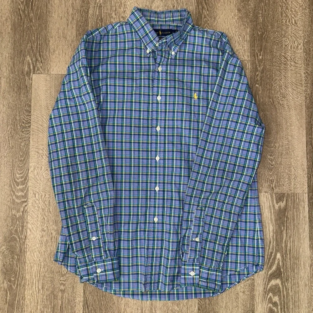 Polo Ralph Lauren Long Sleeve Button Down Oxford Shirt Men's L Blue Green Plaid